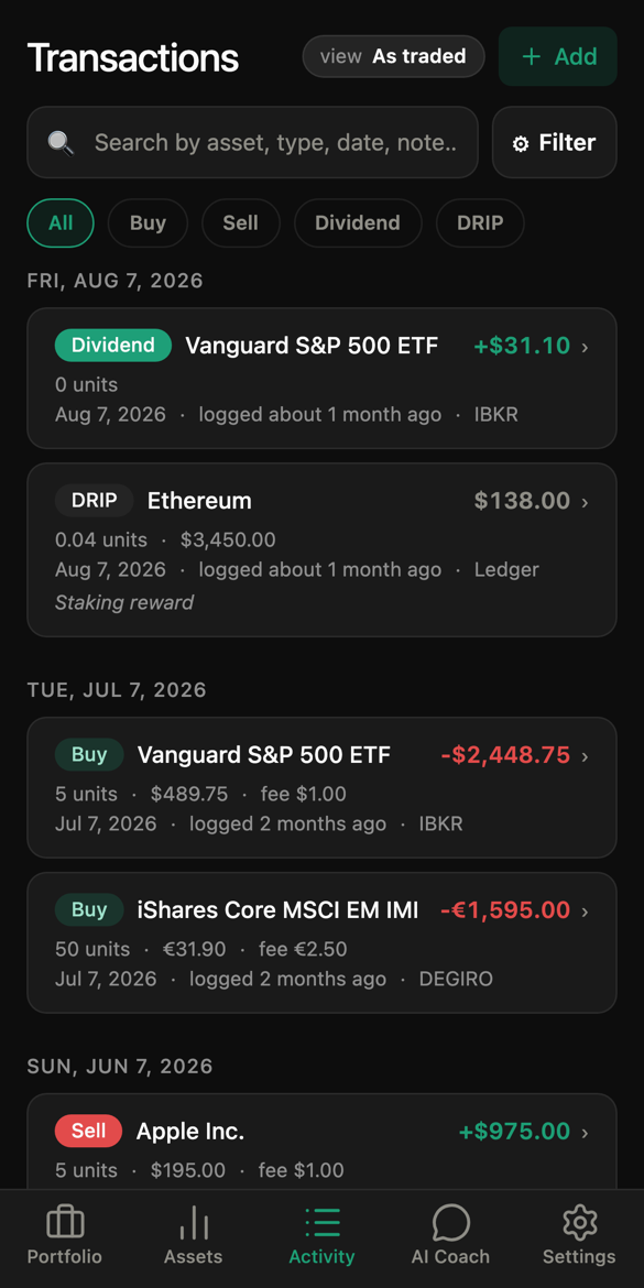 Transaction history with buys, sells, dividends and DRIP